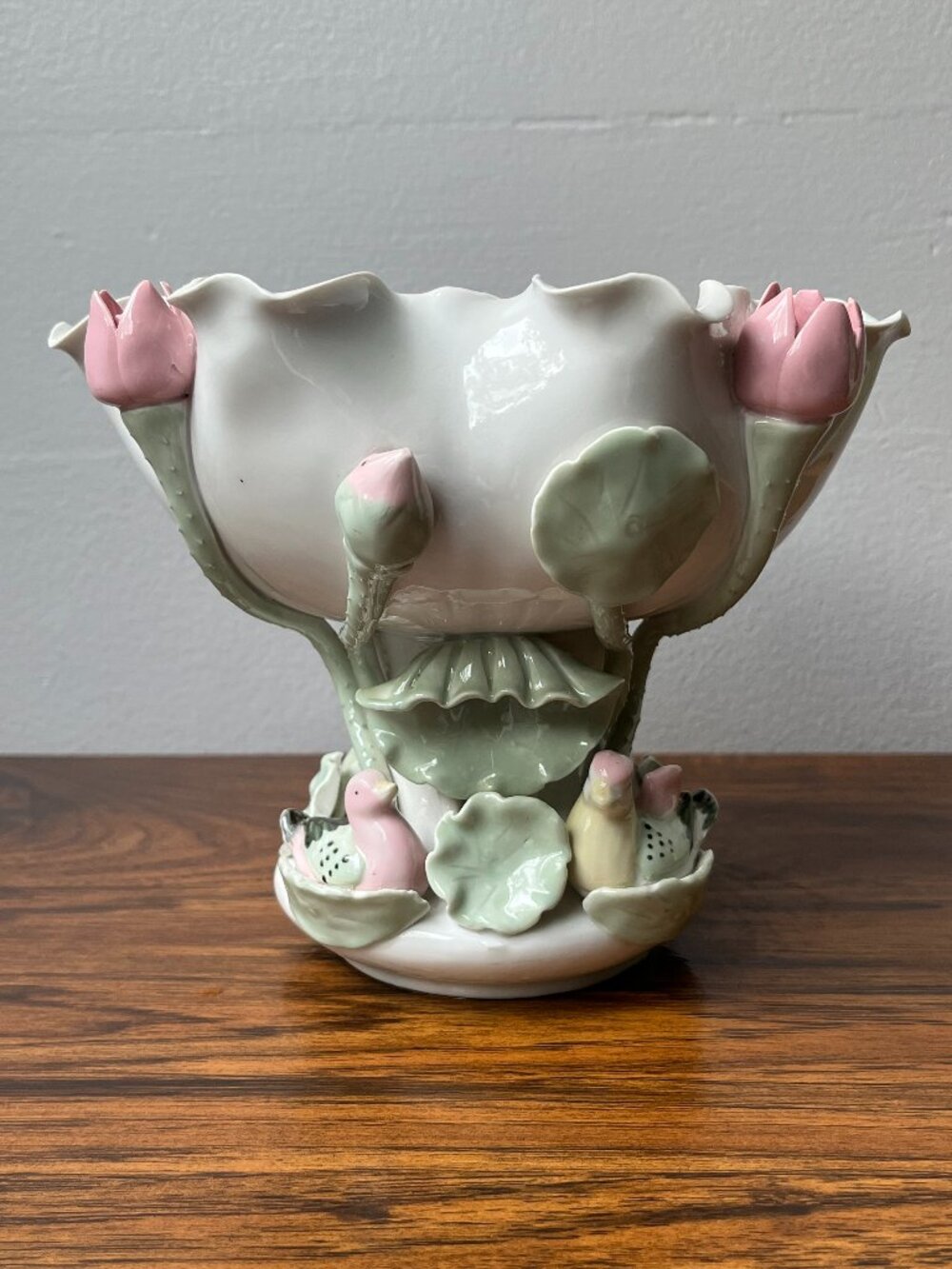Blanc De Chine Pink Lotus Flower & Mandarin Duck Porcelain Pedestal Bowl